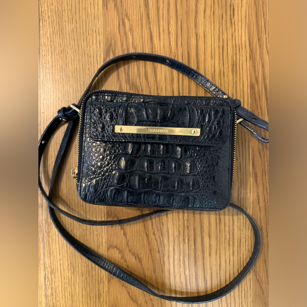 Brahmin Black Croc Embossed Leather Crossbody - Small